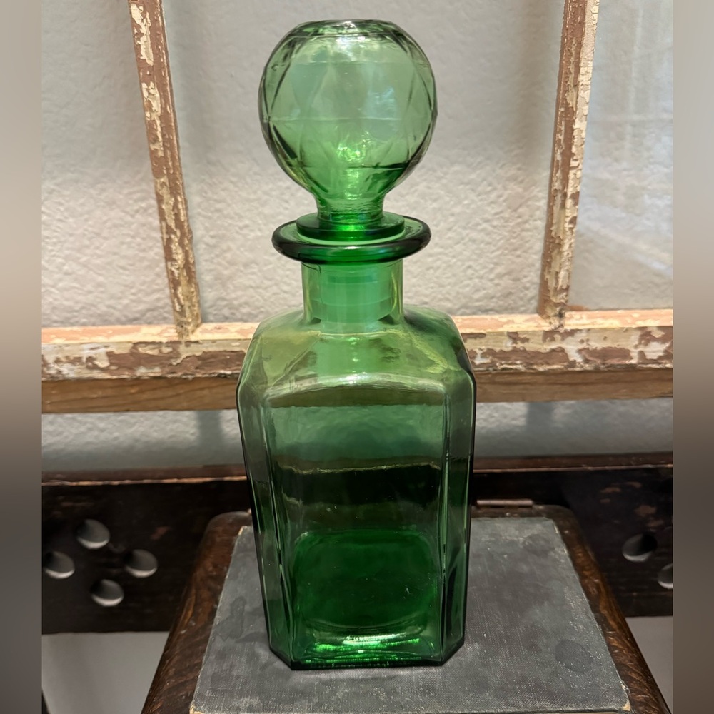 Vintage Empoli Art Glass Green Square Lidded  Bottle Italian